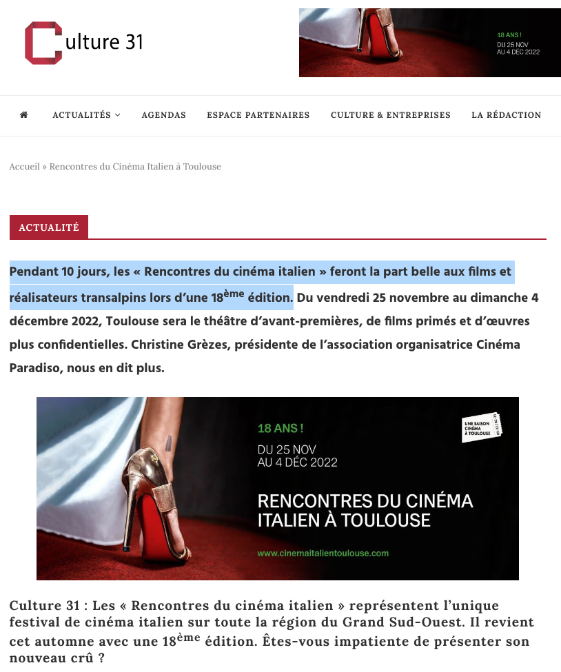 Cutlure 31 « Rencontres du cinéma italien »